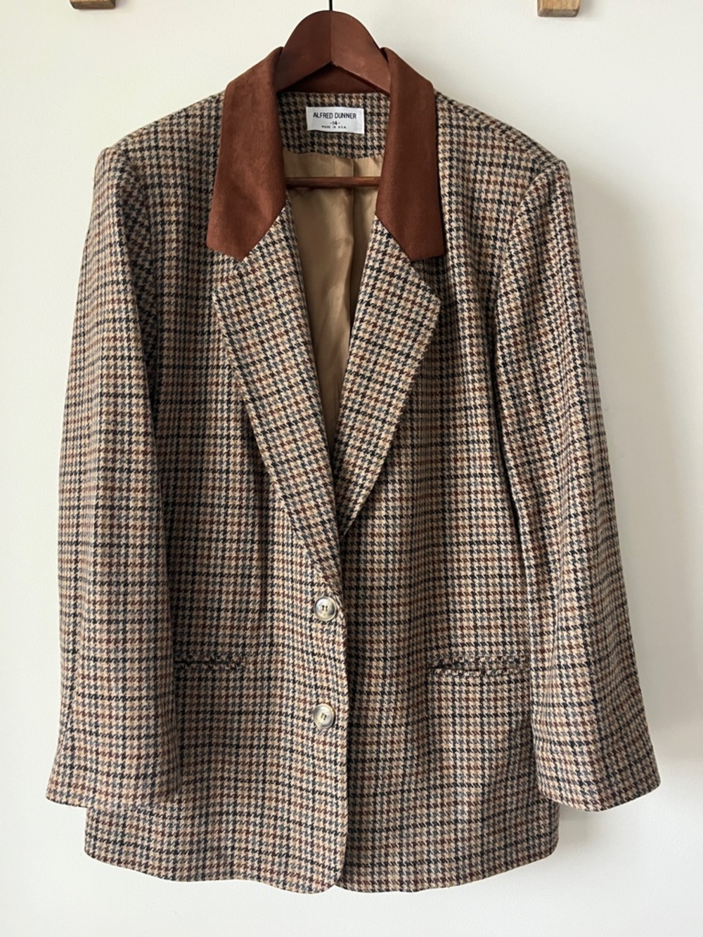 Vintage Alfred Dunner Houndstooth Blazer Brown Suede Collar Equestrian USA Sz 14